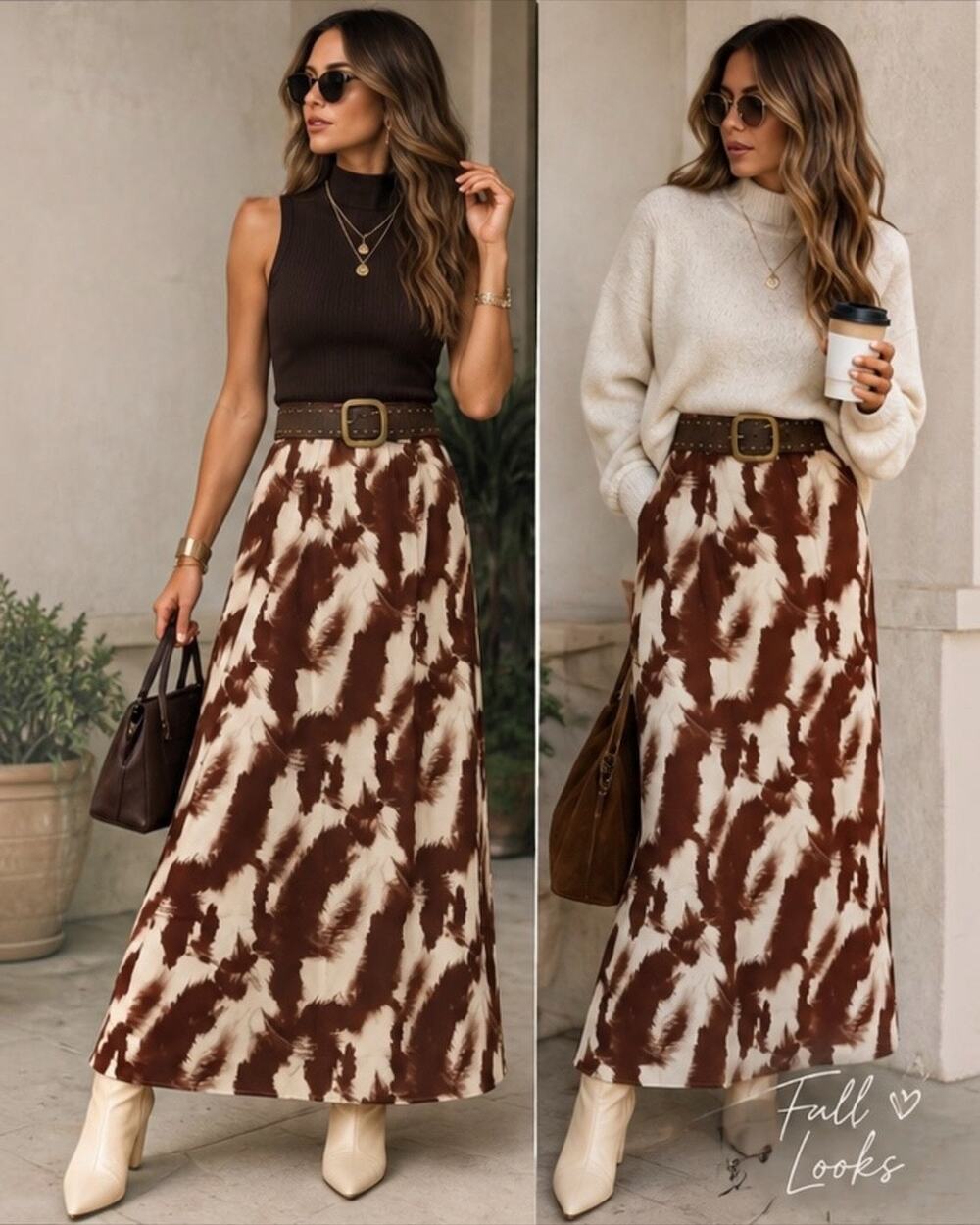 NWT Burgundy Brown Cream Tie Dye Leaf Maxi Skirt Ultra High Waist Side Zip Fall